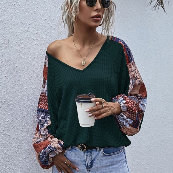 brown  v neck wide sleep waffle long sleeve top - Picture 5 of 16